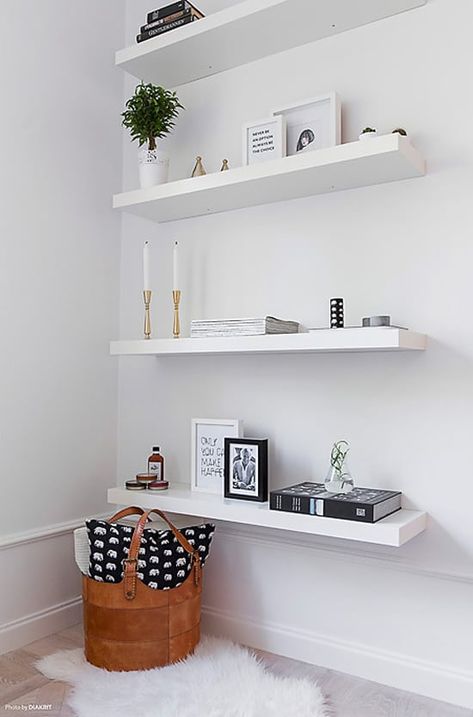 If you're trying to figure out how to organize a small bedroom on a budget, these 12 ingenious ways tips and tricks will get you there in no time! Bedroom Shelf Design, Simple White Desk, Toilets Ideas, White Desk With Drawers, Lack Shelf, Ikea Lack Shelves, Office Shelves, Floating Shelves Bedroom, Floating Shelves Living Room