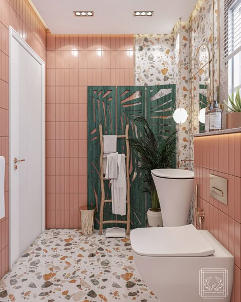 This beautiful space has soft pink tiles and colorful terrazzo flooring, providing a dynamic and friendly environment. The green accent wall offers a refreshing touch, while natural features such as the wooden ladder and plants provide a hint of nature.
#moderninterior  #peachinterior #Peachbathroom #cheerfulbathroom #modernBathroom #creativeBathroomDesign #summerVibes #uniqueBathroom #BathroomRedesign  #ColorfulInteriors #PlayfulDecor #TerrazzoLove Bathroom Peach Color, Pink And Green Toilet, Bathroom With Colorful Tiles, Peach Green Bathroom, Bathroom With Terrazzo Floor, Peach Tiles Bathroom, Peach And Green Interior, Peach And Green Bathroom, Peach Fuzz Interior Design