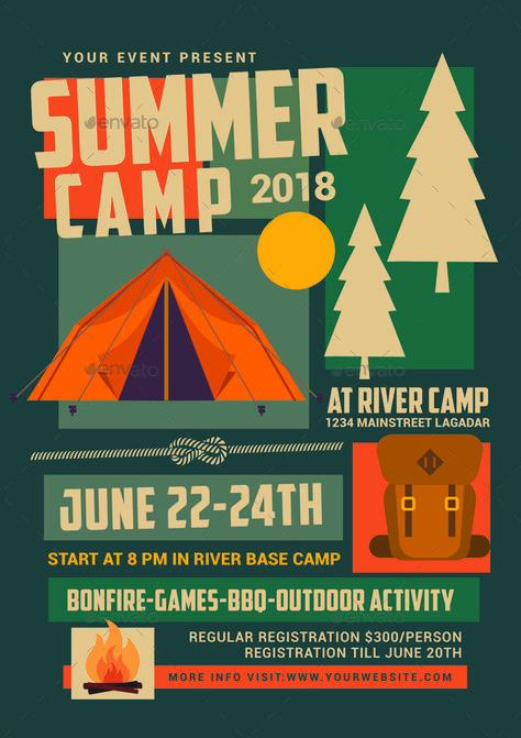 Summer Camp Flyer Camp Flyer, Promo Flyer, Poster Template Free, Design Camp, Flyer Free, Poster Inspiration, Desain Editorial, Summer Camps For Kids, Camping Signs