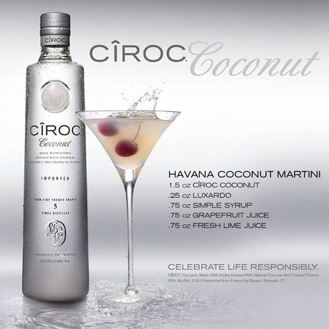 Havana Coconut Martini | Ciroc Coconut Ciroc Drinks, Ciroc Coconut, Coconut Martini, Coconut Vodka, Liquor Drinks, Soda Water, Boozy Drinks, Mixed Drinks Recipes, Vodka Drinks