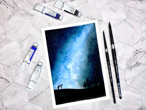 Starry Night Watercolor, Galaxy Bookmark, Watercolor Step By Step, Night Watercolor, Watercolor Night Sky, Doodle Videos, Step By Step Watercolor, Watercolor Bookmarks, Bear With Me