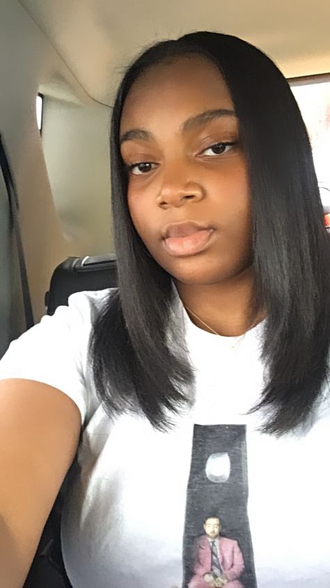 Silk Press Haircuts, Medium Length Straight Natural Hair Black Women, Silk Press On Black Women, Medium Length Haircut Silk Press, Silk Press Natural Hair Bumped Ends, Short Layered Silk Press, Straight Perm Hairstyles Black Women, Middle Part Flat Iron Natural Hair, Long Bob Silk Press