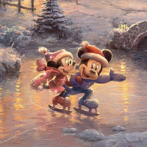 Frozen Pond, Mickey Mouse And Minnie Mouse, Classic Disney Characters, Cute Christmas Wallpaper, Disney Artwork, Mickey Mouse Christmas, Disney Favorites, Old Disney, Thomas Kinkade