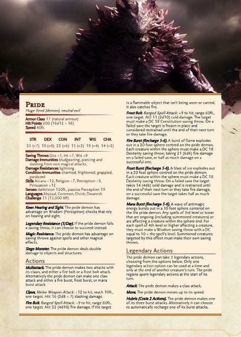 Pride Demon, Monster Manual, Dnd Stats, Dnd Homebrew, Dungeon Master's Guide, Dungeons And Dragons 5e, Dungeons And Dragons Classes, Dnd 5e Homebrew, D D Monsters