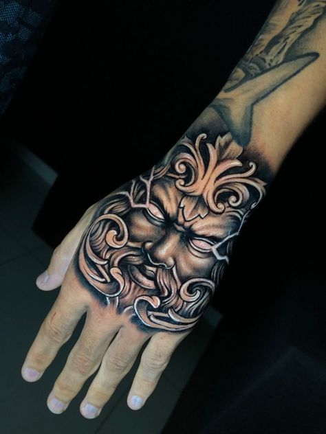 Zeus Hand Tattoo Design, Zeus Hand Tattoo, Unique Hand Tattoos, Wing Tattoo Men, Hand Tattoo Designs, Anubis Tattoo, Special Tattoos, Japan Tattoo Design, Paw Tattoo