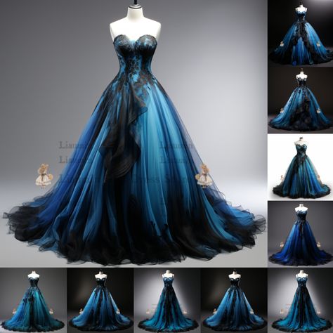 Black And Dark Blue Wedding Dresses, Dark Blue Bride Dress, Black And Blue Wedding Dress, Blue And Black Wedding Theme, Black And Blue Wedding Theme, Teal And Black Wedding, Black And Blue Wedding, Gothic Prom Dress, Blue Purple Wedding