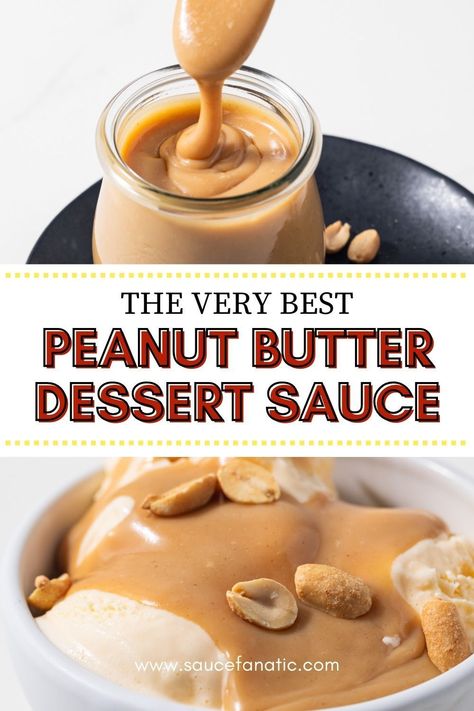 This easy Peanut Butter Dessert Sauce is perfect for drizzling over ice cream, cheesecake, waffles, and more. It comes together quickly and tastes decadent and delicious! How To Make Peanut Butter Sauce, Peanut Butter Sauce For Apples, Peanut Butter Topping For Ice Cream, Peanut Butter Sauce For Ice Cream, Dessert Sauces Recipes, Chocolate And Peanut Butter Desserts, Peanut Butter Drizzle Recipe, Peanut Butter Ice Cream Sauce, Peanut Butter Sauce Recipe