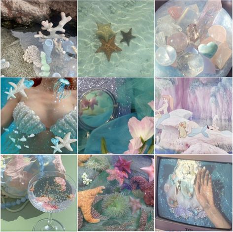 Mermaidcore Moodboard, Sea Life Mood Board, Mermaid Mood Board Fashion, Ariel Aesthetic Moodboard, Mermaid Moodboard, Ocean Moodboard, Mermaid Aesthetic Collage, Aphrodite Aesthetic, Aesthetic Objects