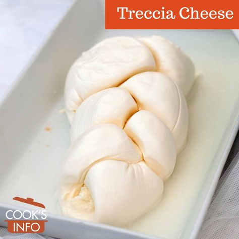 Treccia cheese is a braided version of mozzarella or scamorza cheese. It is pale yellow, and soft and stringy. Scamorza Cheese, Cheese Ball, Pale Yellow, Mozzarella, Braids, Cheese, Yellow, Plaits