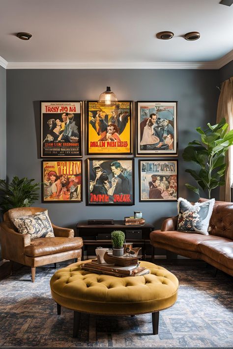 Create a Movie Theater Aesthetic with Old Movie Posters and Upcycled Frames Cinema Room Ideas Decor, Movie Office Interior, Movie Poster Home Decor, Movie Poster Wall Living Room, Gallery Wall Movie Posters, Family Movie Room Ideas, Movie Posters Wall Decor, Movie Posters On Wall, Movie Gallery Wall