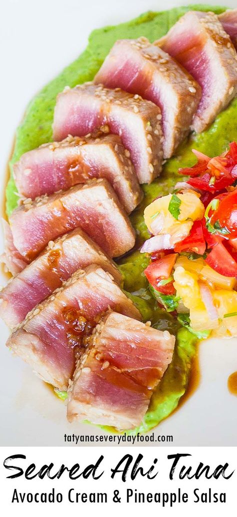 Avocado & Pineapple Seared Ahi Tuna (video) - Tatyanas Everyday Food Asian Tuna Recipes, Seared Ahi Tuna Recipe, Sesame Seared Tuna, Ahi Tuna Recipe, Seared Ahi Tuna, Ahi Tuna Steak, Tuna Recipe, Impressive Appetizers, Tuna Steak