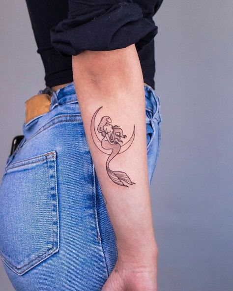 Matching Mermaid Tattoos, Mermaid Tattoo Designs Sirens, Mermaid Tattoo Minimalist, Small Mermaid Tattoo Designs, Fine Line Mermaid Tattoo, Simple Mermaid Tattoo, Small Mermaid Tattoo, Delicate Tattoos For Women, Mermaid Tattoo Designs