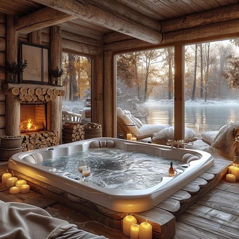 Cabin Spa, Gardens Decor, Fireplace Trim, Indoor Hot Tub, Inside Pool, Hot Tub Room, Mountain Cabins, Piscina Interior, Living Room Door