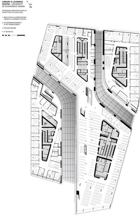 Library and Learning Centre University of Economics Vienna,Floor Plan Zaha Hadid Plan, Library Floor Plan, Parking Plan, Library Plan, Zaha Hadid Architecture, Zaha Hadid Design, Architect Logo, University Architecture, Mall Design