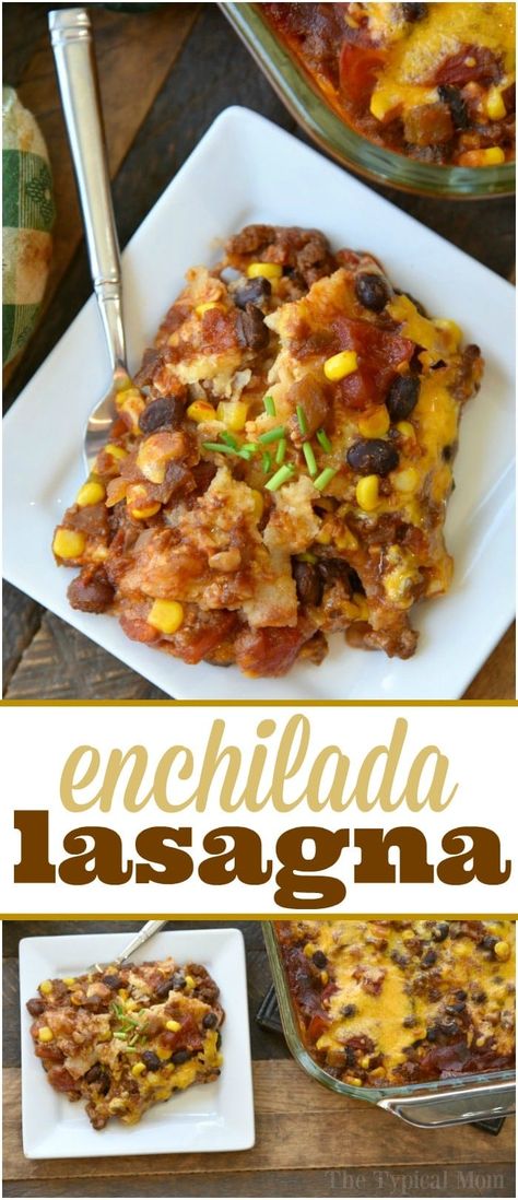 Best enchilada lasagna casserole we have for dinner often that my kids absolutely love! Baked cheesy casserole packed with lots of flavor. #enchiladalasagna #lasagnacasserole #mexicancasserole #tortillacasserole #manwich Sausage Beans, Enchilada Lasagna, Best Enchiladas, Easy Casseroles, Beef Enchilada, Lasagna Casserole, Healty Dinner, Easy Ground Beef, Cheesy Casserole