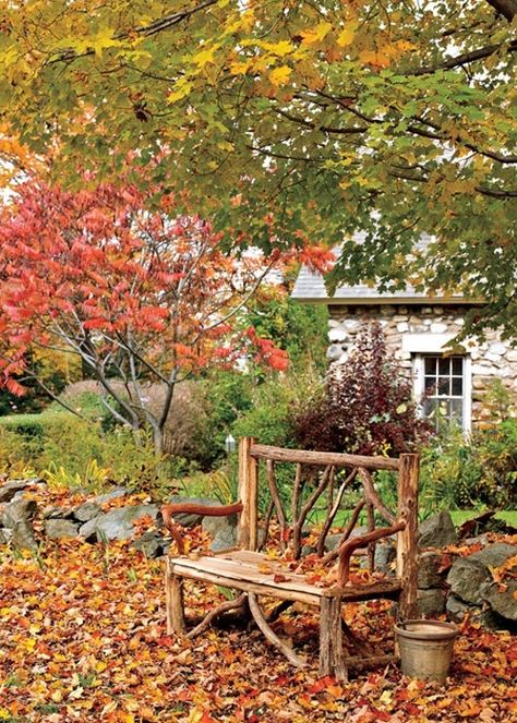 Beautiful fall garden along the Hudson River Valley | One Kindesign Tattoo Plant, Autumn Foliage, 수채화 그림, Fabulous Fall, Garden Tours, Autumn Beauty, Garden Bench, Lombok, Autumn Garden