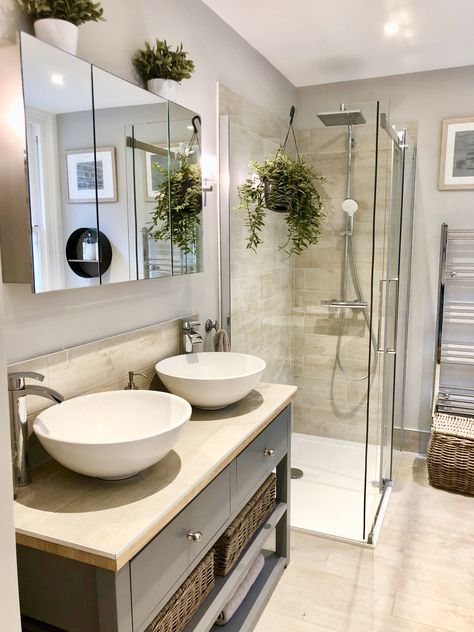 Double sink bathroom #soak #victoriawoodley 2 Basin Bathroom Ideas, Small Bathroom With 2 Sinks, Twin Sinks Bathroom, Ikea Double Sink Bathroom, En Suite Shower Room Double Sink, Ensuite Bathroom Ideas Double Sink, Double Bowl Sink Bathroom, Small Bathroom Ideas Double Sink, Double Sink Bathroom Vanity Decor Ideas