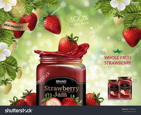 Strawberry jam ads, fresh fruit dropping down from strawberry plant in 3d illustration isolated on green bokeh background #Ad , #Sponsored, #fresh#fruit#dropping#Strawberry Jam Poster Design, Save Water Images, Fruit Jam Poster Design, Moodboard Poster, Strawberry Market Poster, Fruit Market Strawberries Poster, Strawberry Plant Illustration, Jam Packaging, Strawberry Plant