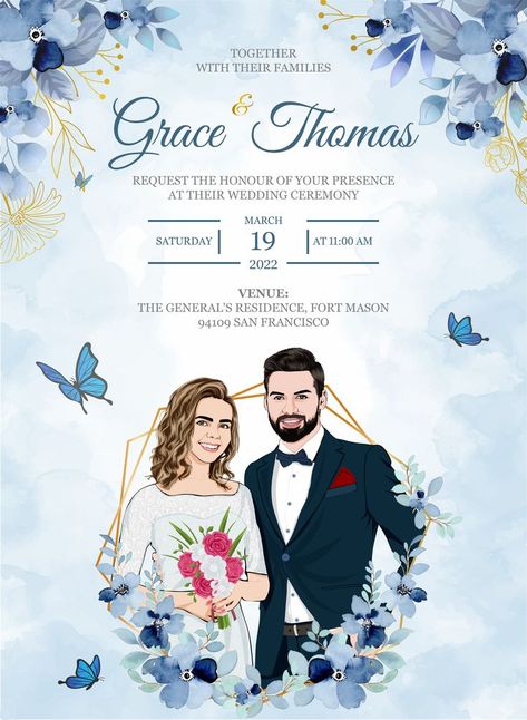 I will design a digital wedding invitation card with an illustration Christian Wedding Cards Invitations, Christian Wedding Invitation Card Design, Marriage Invitation Card Design, Christian Wedding Invitation, Illustration Wedding Invitation, Christian Wedding Cards, Wedding Cards Images, Cartoon Wedding Invitations, Birthday Party Invitation Card