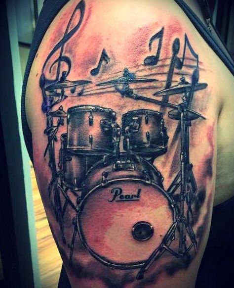 Drum Kit Tattoo, Drumming Tattoos, Drum Tattoos For Men, Drums Tattoo Ideas, Drum Tattoos, Drummer Tattoo, Drum Tattoo, Roots Tattoo, Music Tattoo Sleeves