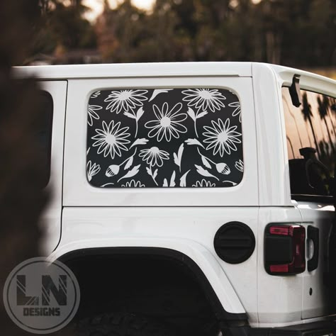 Daisies & Leaves Side Rear Window Decal Fits Jeep Wrangler - Etsy Jeep Window Decals, White Jeep Wrangler Accessories, Jeep Decals For Women, Jeep Wrangler Accessories For Women, Car Decals Unique, Jeep Wrangler Decals, Jeep Decor, Biker Vibes, Jeep Interior