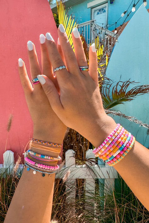 Stackable Bracelets For Beach In Summer, Beachy Summer Bracelets For Vacation, Summer Vacation Beachy Bracelets, Stackable Beach Bracelet Jewelry, Beach Necklace Stack, Rainbow French Tips, Beachy Accessories, Rainbow French, Bracelets Trendy