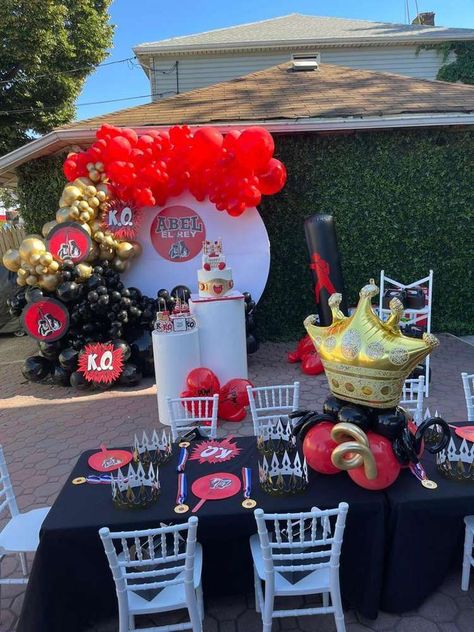 Boxing Themed Birthday Party, Boxing First Birthday Party Themes, Round One Boxing Birthday Party, Boxing Birthday Party Ideas, Boxing Birthday Party, Boxing Theme Party Ideas, Boxing Birthday, Wrestling Party, Twin Birthday Parties