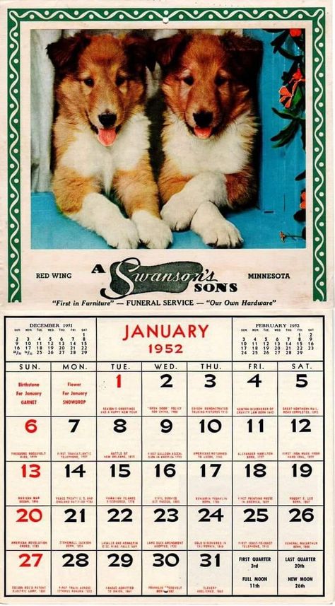 Collie calendar 1952 Vintage Calendar Aesthetic, Gab Bois, Calendar Design Inspiration, Lobster Party, Old Calendar, 달력 디자인, Chinese Illustration, Dog Calendar, Chinese Calendar