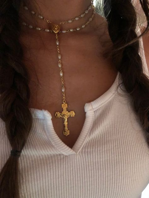 jewelry Rosemary Necklace, Gold Rosary, Rosemary, Vintage Gold, Fresh Water, Cross Necklace, Freshwater Pearls, Gold