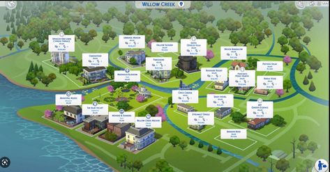 Sims 4 Willow Creek, The Sims 4 Lots, Map Layout, Sims 4 Gameplay, Town Map, Sims House Plans, Sims House Design, Willow Creek, Sims 4 Build