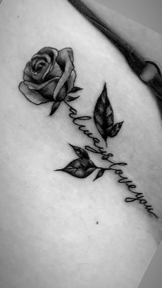 Rose Tattoos With Words, Spouse Name Tattoos For Women, Rose With Name Stem Tattoo, Rose Quote Tattoo, Women Hand Tattoos Ideas, Rose Tattoo For Women, Rose Tattoo Designs For Women, Tattoos For Women Hand, Women Hand Tattoos