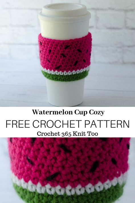 Crochet this quick easy and fruity watermelon cup cozy. Free pattern by Crochet 365 Knit Too. #cupcozy #crochetcupcozy #crochetwatermelon #quickcrochet #easy Cup Warmer Crochet, Crochet Cup Cozy Free Pattern Simple, Crochet Drink Cozy, Crochet Coffee Cozy Free Pattern, Crochet Cup Cozy Free Pattern, Watermelon Crochet, Leg Warmers Crochet Pattern, Cup Cozy Crochet Pattern, Crochet Watermelon