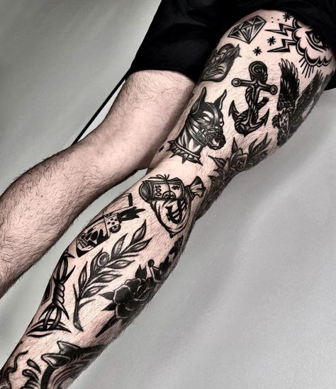 Traditional Tattoo Leg Sleeve, Flash Tattoo Sleeve, Old School Tattoo Sleeve, Traditional Black Tattoo, Traditional Tattoo Old School, Shin Tattoo, Traditional Tattoo Sleeve, Cool Chest Tattoos, Original Tattoos