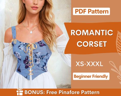 Romantic Corset Top Sewing Pattern 🪡 💥 Get more than 310 patterns and free new patterns every month with our Whole Shop Bundle 👉  www.etsy.com/listing/1315834001 Check our Corsets Bundle 👉 https://www.etsy.com/listing/1499014647 This pattern comes with an illustrated sewing guide with step by step instructions, making it super easy to make your own garment.  If you're looking for an advanced beginner project that will take 2 hours to make then this is perfect for you!  Pattern Includes: ✔️ S Front Lace Corset Pattern, Corset Top Pattern Free, Diy Corset Pattern, Stay Pattern, Corset Top Sewing Pattern, Corset Top Sewing, Rennaisance Faire, Free Pinafore Pattern, Halter Top Sewing Pattern