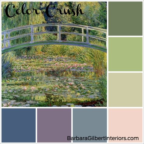 Color Crush: Waterlilies by Claude Monet | Interior Design Dallas | Barbara Gilbert Interiors Monet Water Lilies Color Palette, Monet Interior Design, Monet Colour Palette, Watercolor Color Schemes, Claude Monet Color Palette, Claude Monet Wedding, Impressionism Color Palette, Monet Color Palette, Monet Palette