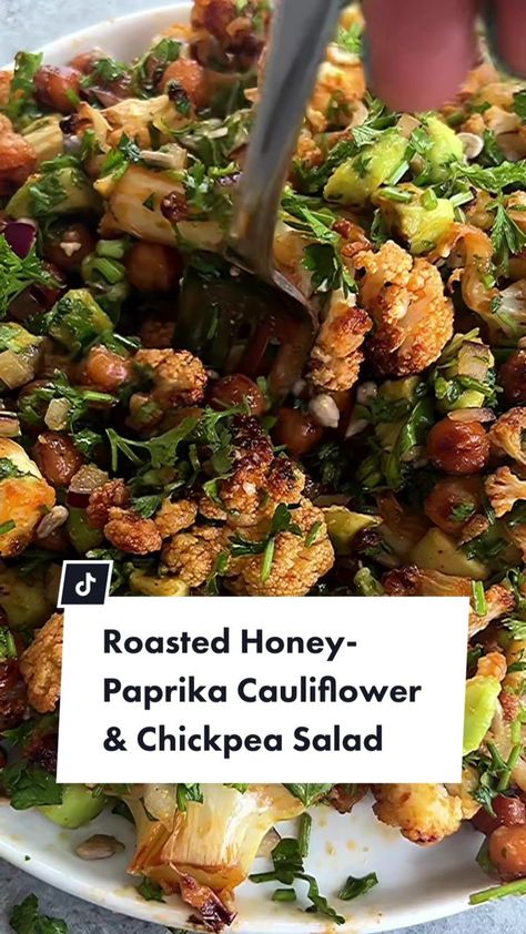 Roasted Honey Paprika Cauliflower, Paprika Cauliflower, Cauliflower Chickpea Salad, Cauliflower Chickpea, Cauliflower Dishes, Instagram Link In Bio, Chickpea Salad, Instagram Link, Greens Recipe