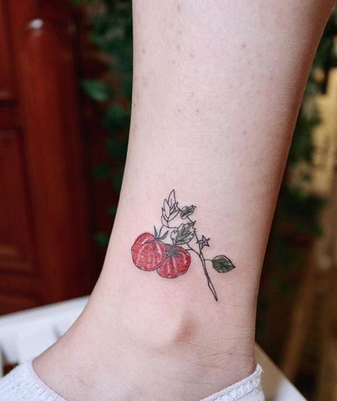 Heirloom Tomato Tattoo, Tomato Plant Tattoo Simple, Cherry Tomato Tattoo, Tomato Plant Tattoo, Tomato Tattoo, Tomato Drawing, Cherry Tattoos, Gorgeous Tattoos, Vine Tattoos