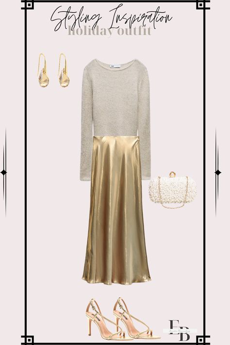 Style a satin maxi skirt with a cozy sweater for a warm and chic holiday outfit look. #holidayoutfit #goldskirt #sweateroutfit #holidayparty #pearlclutch Gold Maxi Skirt Outfit, Outfits Juveniles, Satin Maxi Skirt, Gold Skirt, Maxi Outfits, Chic Holiday, Maxi Skirt Outfits, Cozy Holiday, Civil Ceremony