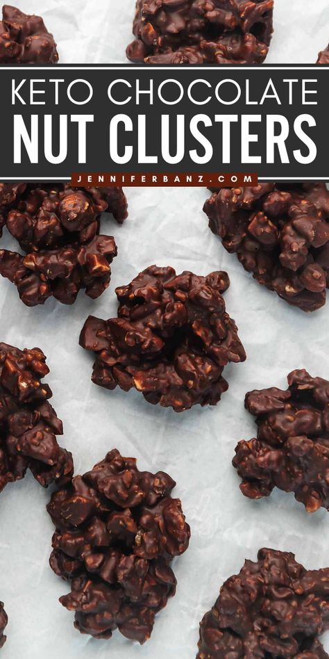 Want more sweet treats to make at home? This Keto Chocolate Nut Clusters recipe is full of pecans, walnuts, and almonds. This sugar-free snack is what you need that's chocolatey and crunchy! Pin this Christmas dessert idea! Low Carb Chocolate Desserts, Keto Chocolate Desserts, Carb Free Desserts, Keto Christmas Desserts, Chocolate Nut Clusters, Nut Cluster Recipe, Mug Cake Keto, Treats To Make At Home, Low Carb Christmas Recipes