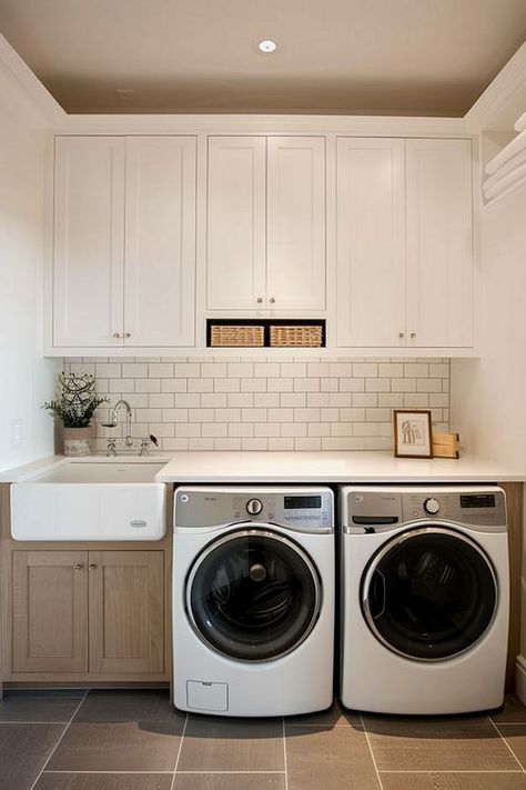 Laundry Room Ideas Bathroom, Shower In Laundry Room Ideas, Washer Dryer Sink Layout, Rectangular Laundry Room Layout, Cabinet Around Utility Sink, Small Laundry Room With Pedestal Washer Dryer, Small Laundry Room Ideas With Dog Wash, Farm Sink Laundry Room, Square Laundry Room Ideas