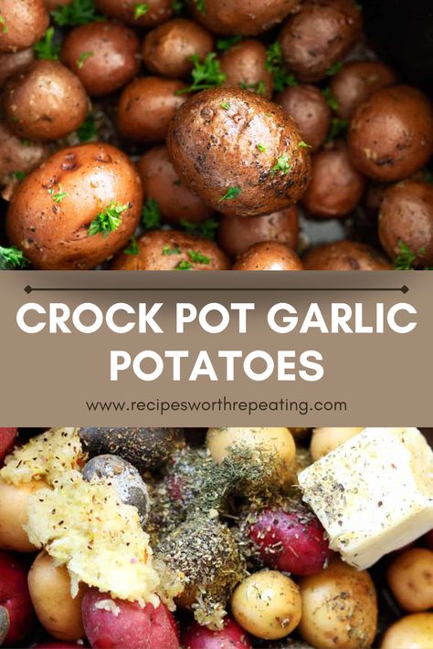 Crockpot full of garlic herb potatoes with butter. Easy Crock Pot Potatoes, Butter Potatoes Crockpot, Potatoe Crock Pot Recipe, Crock Pot Baby Potatoes, Greek Potatoes Crock Pot, Crock Pot Garlic Potatoes, Crockpot Garlic Potatoes, Garlic Potatoes In Crockpot, Crock Pot Roasted Potatoes