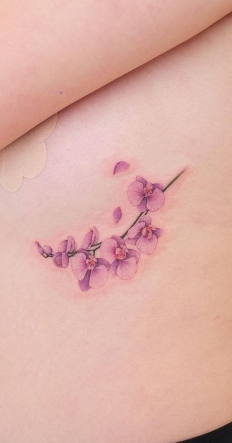 Lavender Orchid Tattoo, Orchid Color Tattoo, Minimal Orchid Tattoo, Purple Hibiscus Tattoo, Korean Flower Tattoo, 89 Tattoo, Larkspur Flower Tattoo, Purple Orchid Tattoo, Orchid Tattoo Meaning