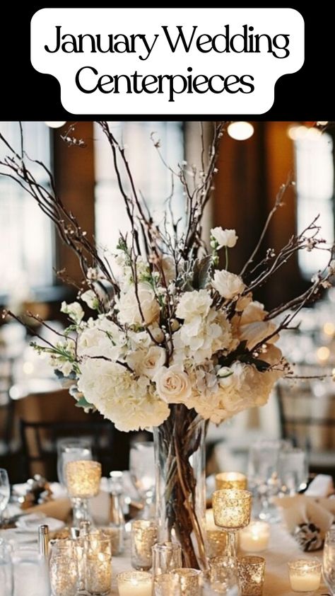 Simple January wedding table centerpiece featuring candles and seasonal flowers in a rustic vase. High Top Table Flower Arrangements, Budget Floral Centerpieces, Wedding Candelabra Centerpieces, Simple Winter Centerpieces Wedding, Non Flower Centerpieces Wedding Fall, Easy Winter Wedding Centerpieces, Small Elegant Table Centerpieces, Winter Floral Centerpieces For Table, No Candle Wedding Centerpieces