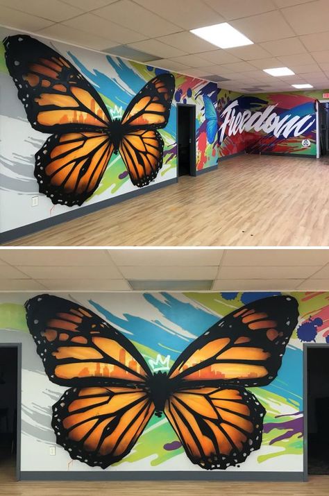 Donation Mural by Michael McPheeters at The Refuge Dallas Butterfly Wall Painting, Butterfly Graffiti, Butterfly Mural, Mural Art Wall, Angel Wings Wall Art, Wall Murals Diy, Butterfly Art Painting, School Wall Art, School Murals