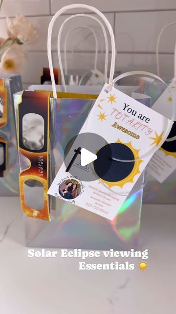 Amanda Albrecht Illinois Realtor + Content Creator on Instagram: "Making some Solar Eclipse bags for April 8th viewing just some essentials to make this astronomical event a little more fun! 
Here is what I included:
Silver moon bags
@eclipsegum 
@milkywaybar 
@starburst 
@theoriginalmoonpie 
Solar Eclipse Glasses, you can find these @fivebelow @dollartree or @amazon 

Topped with a cute tag “You are Totality Awesome” 
You know I can’t pass up a cute gift idea for my clients and friends! 
.
.
.
#solareclipse2024 #eclipse2024 #solar #space #cosmic #realtor #realestatemarketing #fun #eclipsesolar #april #realtor® #realtortips #realtorlifestyle #sellingthesuburbs #totality #kidapproved #realestatebroker #realtorpopbys #popby #allthingsrealestate #plainfieldillinois #jolietillinois #realtorsof Realtor Content, Plainfield Illinois, Joliet Illinois, Eclipse Glasses, Solar Eclipse Glasses, Realtor Closing Gifts, Realestate Marketing, Closing Gifts, Silver Moon