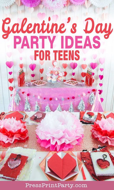 Galentine's Day Party Ideas for Teen girls - Teens are too young to date (mom says so) and too old for cutesy Valentine's cards and candy. So you throw a super fun Galentine's with their friends. Full of pretty glitter and DIY decorations, food, favors, and activities. Make some fun cupcakes and chocolate truffles. Learn what Galentine's day is and where it came from. Galentines day ideas and fun. #valentines #party #decorations #partytreats - Press Print Party! Party Ideas For Teen Girls, Keto Valentines, Valentine Dessert, Oreo Torte, Food Favors, Mocha Cheesecake, Galentines Day Ideas, Valentines Recipes Desserts, Day Party Ideas