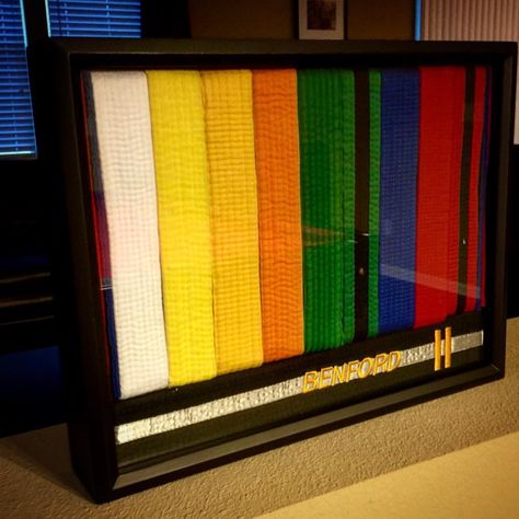 Karate Belt display frame Taekwondo Belt Display Ideas, Gi Belt Display, Karate Belt Display Shadow Box Ideas, Judo Belt Display, Martial Arts Belt Display Diy, Taekwondo Display, Jiu Jitsu Belt Display, Martial Arts Belt Rack, Martial Arts Belt Holder