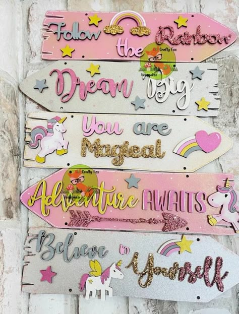 Wooden Unicorn, Kids Door Signs, Direction Sign, Rainbow Bedroom, Unicorn Decor, Bedroom Door Signs, Unicorn Bedroom, Crafty Fox, Kids Bedroom Inspiration