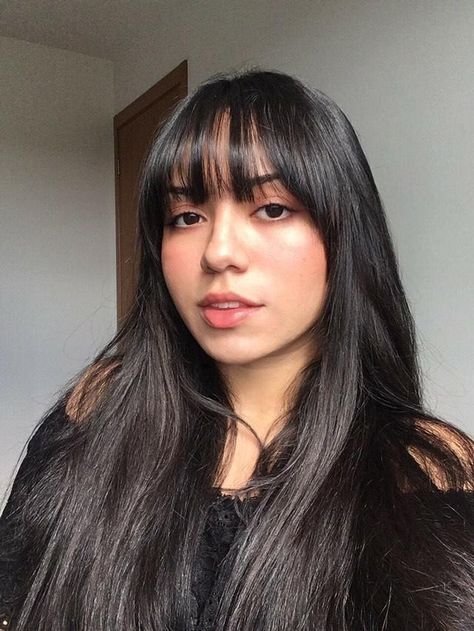 Full Bangs Round Face, Black Hair Fringe, Round Face Hairstyles Long, Long Hair Cuts Straight, Straight Black Hair, Bangs For Round Face, Straight Hair Cuts, Jet Black Hair, Bangs With Medium Hair