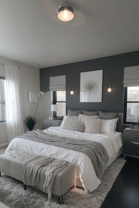 Grey Room With White Furniture, Bedroom Decor Grey And White, White Room With Grey Accent Wall, Bedroom Idea Simple, Simple Black And White Bedroom Ideas, Monochromatic Room Ideas, White Gray And Black Bedroom, Bedroom Ideas Gray Bed Frame, Bedroom Inspo Grey Bed